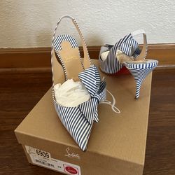 Christian Louboutin Clare Nodo Patent Stripes Bow Nautical Slingback Heels