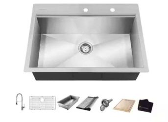 Glacier Bay Zero Radius 27 in. Drop-In Single Bowl 18 Gauge Stainless Steel Workstation Kitchen Sink with Spring Neck Faucet