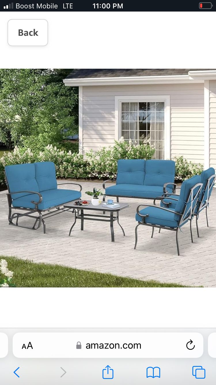  Outdoor Metal Furniture Sets 5 Pieces(6 Seats) Patio Conversation Set (Patio Swing Glider, 2 Patio Chairs, Loveseat with Coffee Table), 