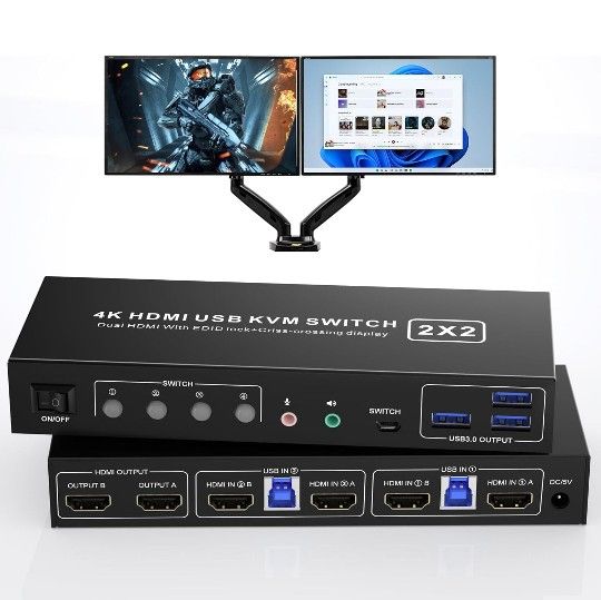 HDMI KVM Switch 2 Monitors 2 Computers USB 3.0, 4K@60Hz KVM Switch Dual Monitor