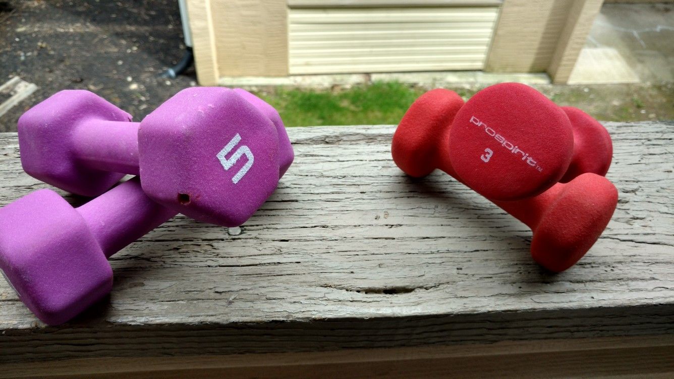 Set of 4 purple and red 3 lb and 5 lb dumbbell set for Sale in Columbus