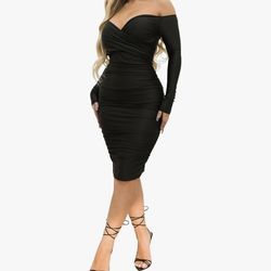 Women's Sexy Black Off The Shoulder Midi Dress Long Sleeve