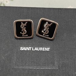 Saint Laurent Square Silver Metal Frame With A Black Background, Classic Ysl Earrings 
