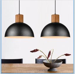 2 Pack Hammered Pendant Lights, 12" Industrial Metal Dome Hanging Lamp, Solid Wood Pendant Light Fixtures for Kitchen Island, Bar, Farmhouse, Dining R