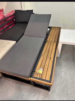 New Outdoor Patio Chaise Lounge Metal Frame Acacia Wood Adjustable 3-Fold Cushions Pool Side Recline