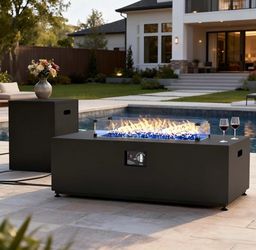 42 Inch Outdoor Fire Pit Table for Outside Patio, 55000BTU Rectangle Propane Firepit with Hidden Fuel Tank, Glass Wind Guard, Waterproof Cover and Lid