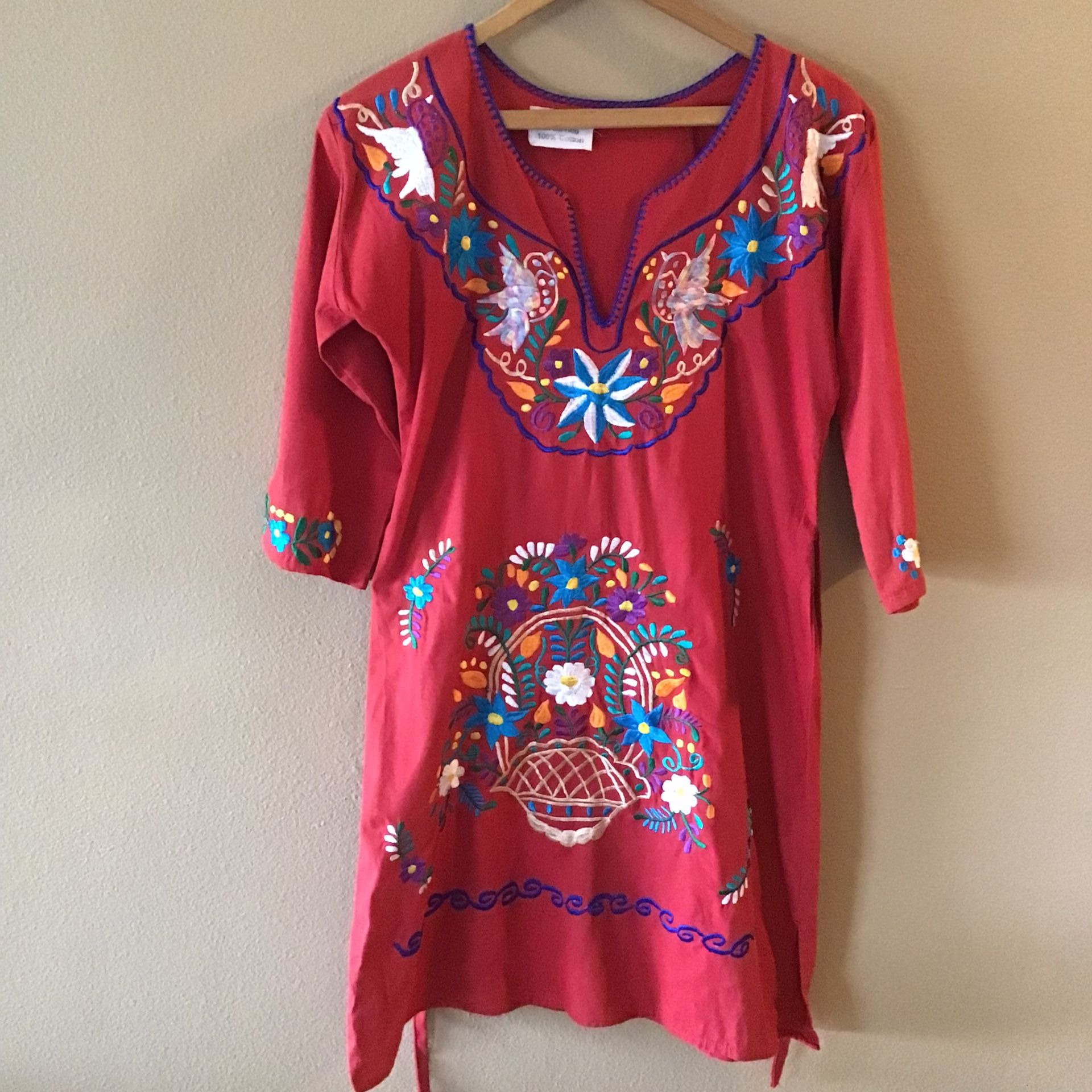 NEW Mexican Handmade Embroidered 100% Cotton Red Mexican Dress (S/M)