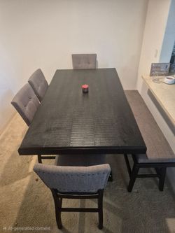 Solid wood dining table with chairs and bench
