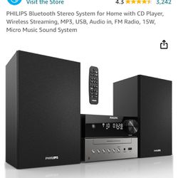 PHILIPS Bluetooth Stereo System for Home with CD Player, MP3, USB, Audio in, FM Radio, Bass Reflex Speaker, 60W, Remote Control Included