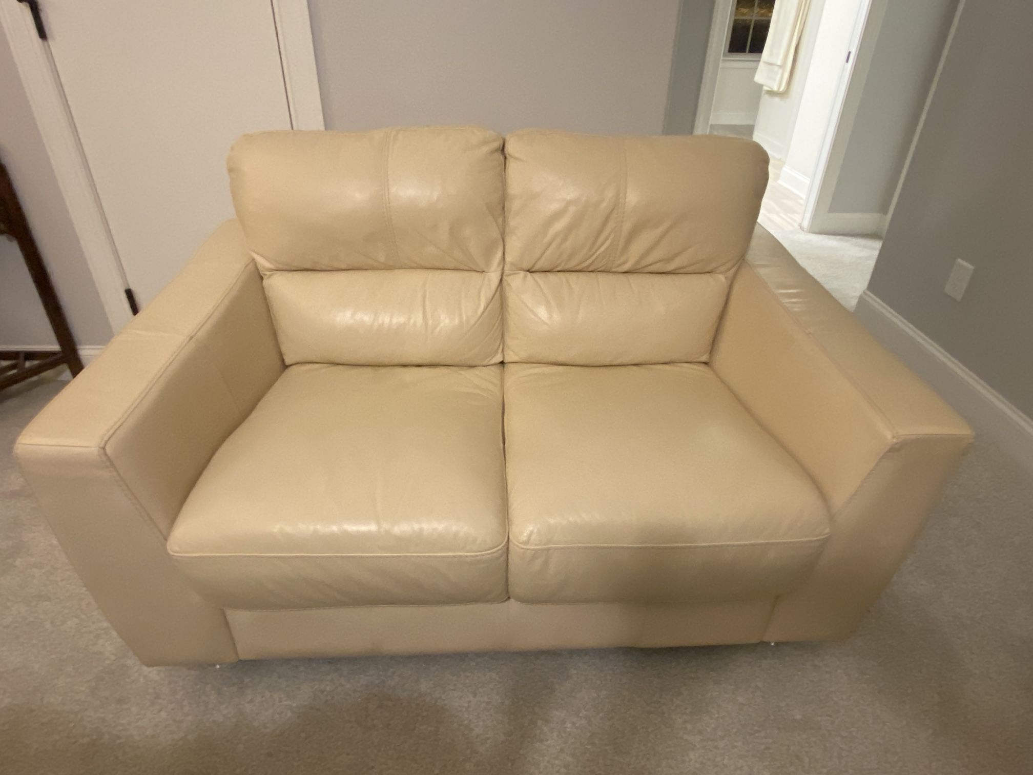 Beige Leather Loveseat