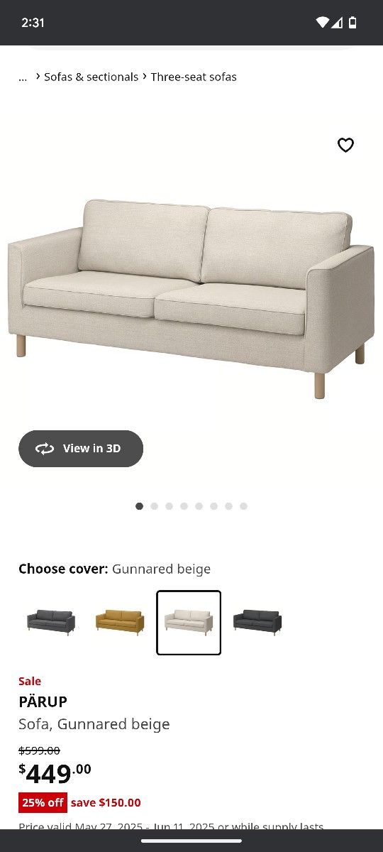Ikea Parup Fabric Sofa Couch with Removable Cushion Covers Grey