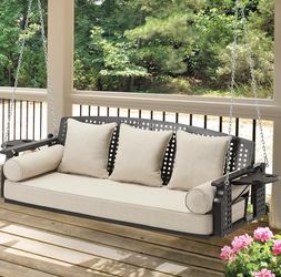 Brand new 3 Seat Hanging Porch Swing, Patio Swing Bench with Cup Holders & 3 Back Cushions, Swing Chair with Chains for Deck Garden Backyard,Beige(60-