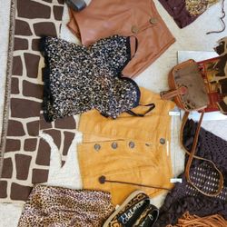 3 Camisole Tops,2 Mini Skirts ,1 Sweatervest From 70's, 1 Fringe Fau Leather Purse, 1 Real Leather Purse  NO SHOES!! 8 Pieces + Fabric$70. Fo 8 Pieces