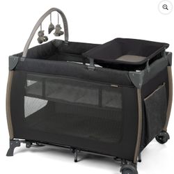 Monbebe Play Yard – Full-Size Rocking Bassinet, Removable Changer & Toy Bar – Castle Point