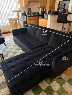 Black Velvet Sectional Sofa with Chaise