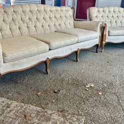 Elegant Vintage French Provincial 81” Sofa  In Ivory Brocade Upholstery