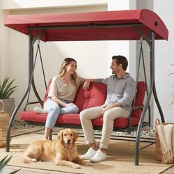 3-Seat Outdoor Patio Porch Swing with Adjustable Canopy & Backrest, Convertible Glider Bed with Stand, Removable Seat Cushion, 45° Tilt Adjustment for