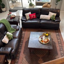 Set of 5 – Genuine Leather Reclining Sofa + Loveseat + Matching Tables
