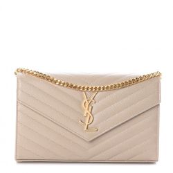 New Authentic Saint Laurent Medium Monogram Matelassé Leather Wallet-On-Chain Sea Salt