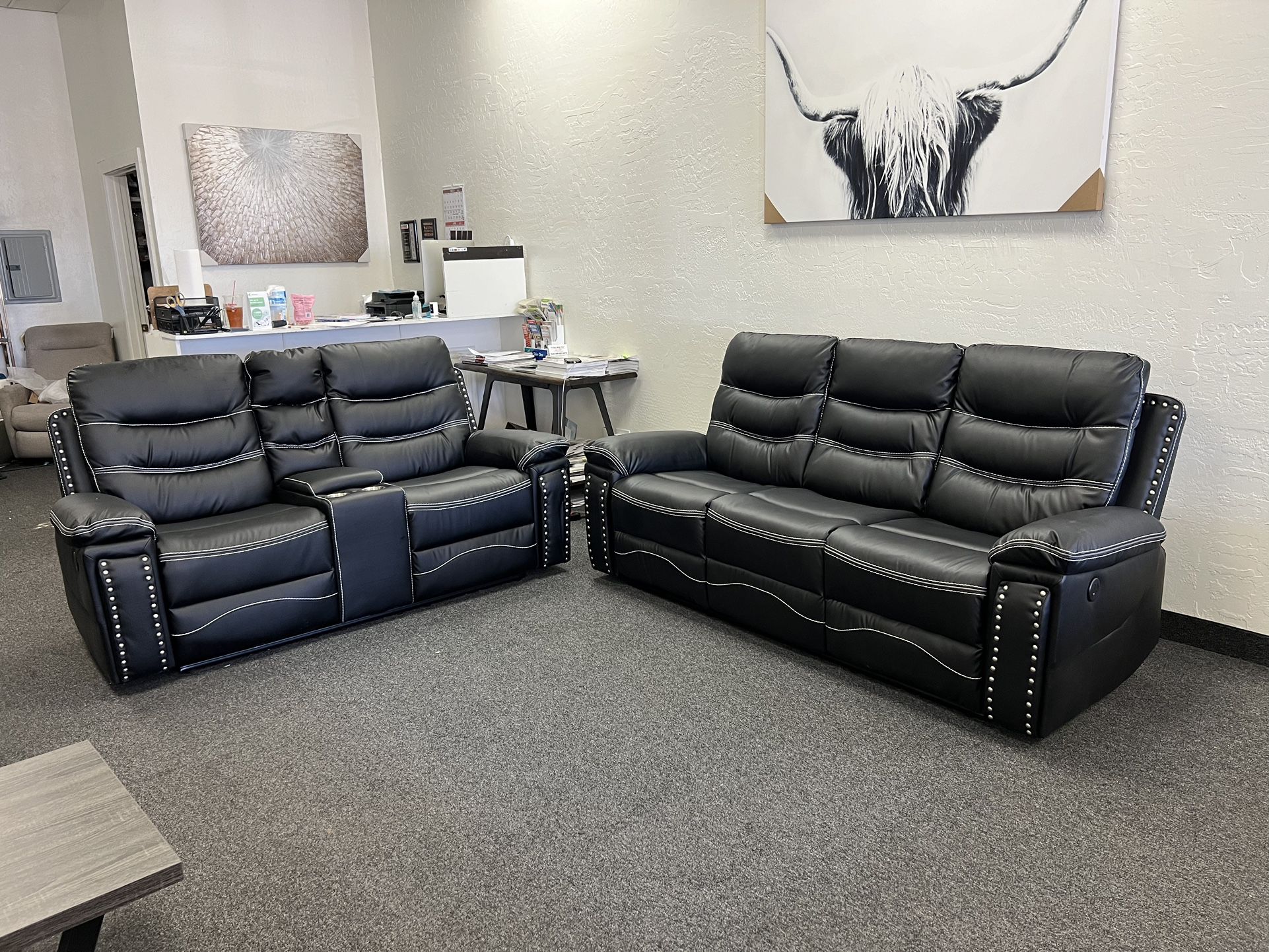 Power Reclining Black Sofa And Love Seat With USB and Dropdown