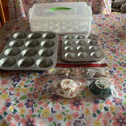 Cupcake Carrier, Three Cupcake Pans And Two Sets Of  24 Pc Paper Liners 