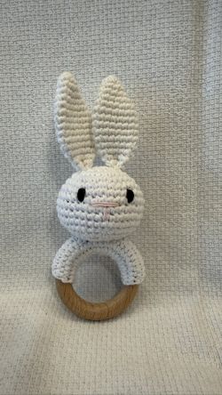 Handmade Bunny Rattle Teether – Soft & Natural Baby Toy 🤍 white Baby gift Newborn Gift