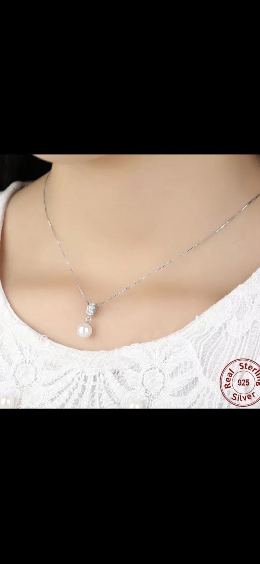 925 Sterling Silver Simulated Pearl Pendant Necklace Long Chain Necklace