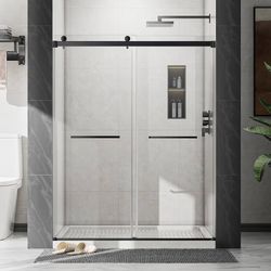 44"-48" Frameless Double Sliding Shower Door 76" Matte Black