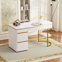 60" Modern Executive White Curved desk w/ Gold Metal Legs [NEW] **Retails for $400+ <Assembly Req>