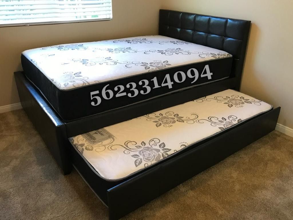 FULL_TWIN EXPRESSO TRUNDLE BED W. ORTHOPEDIC MATTRESSES INCLUDED