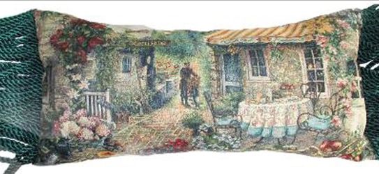 Turn-of-Century French Village Tapestry Pillow, Velvet Back, Fringe, 23”X11”X6”