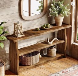 Solid Wood Console Table, 63 Inch Rustic Pinewood Entryway Table with Storage Shelves, 3-Tier Sofa Console Behind the Couch for Hallway, Foyer, Living