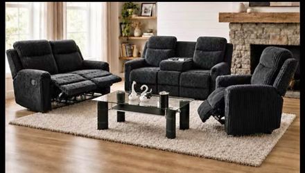 NEW BLACK CORDUROY RECLINING SOFA, LOVESEAT, AND RECLINER, INCLUDING FREE DELIVERY