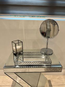 Silver Mirrored Vanity Tray, dual Mirror with stand, makeup holder