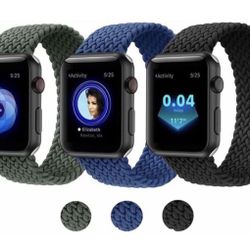3 Pack Compatible with Apple Watch Band 42mm 44mm, Braided Elastic Solo Loop Sport Strap Compatible for iWatch Series 6 5 4 3 2 6 SE Black + Blue + Gr