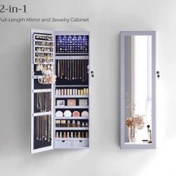 6 LEDs Mirror Jewelry Cabinet, 47.2-Inch Tall Lockable Wall or Door Mounted Jewelry Armoire Organizer with Mirror, 2 Drawers, Christmas Gi
