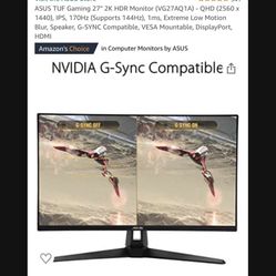 ASUS TUF Gaming 27" 2K HDR Monitor (VG27AQ1A) - QHD (2560 x 1440), IPS, 170Hz (Supports 144Hz), 1ms, Extreme Low Motion Blur, Speaker, G-SYNC Compatib