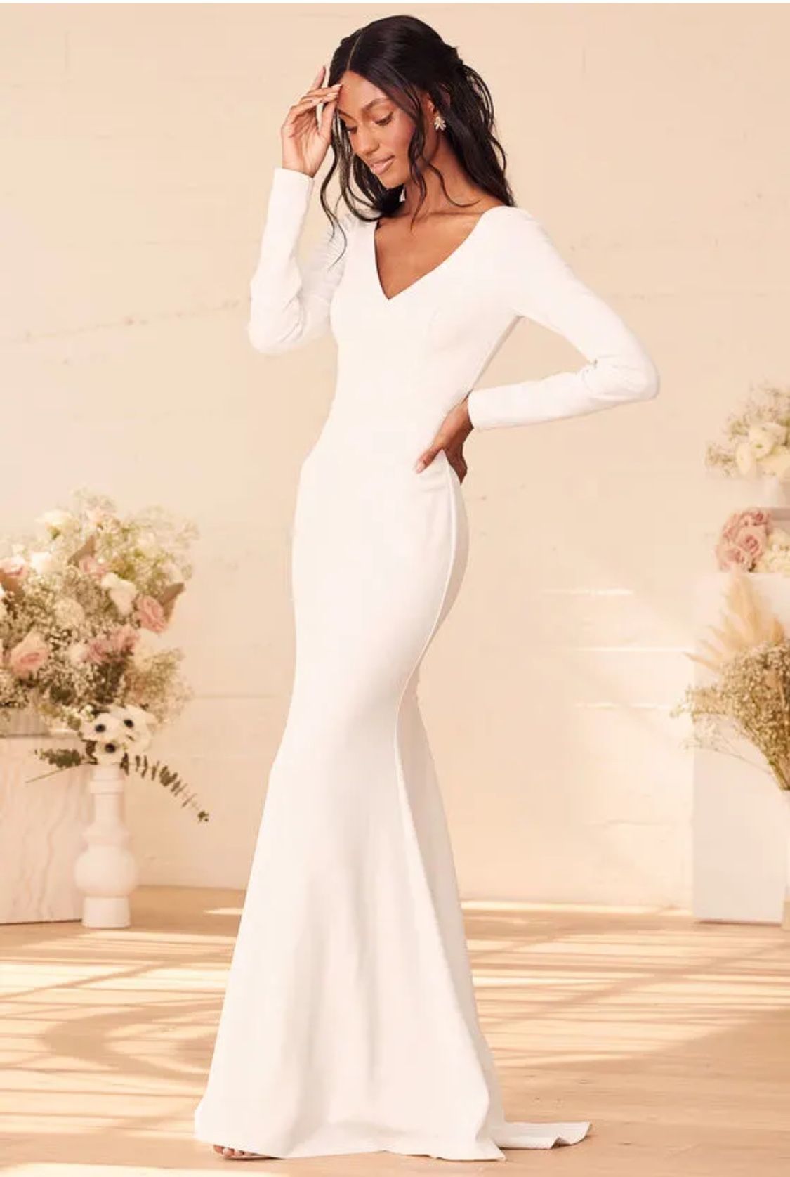 Feeling of Forever White Long Sleeve Mermaid Maxi Dress— New!