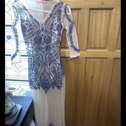 Banjul Sheer Victorian Mesh Embroidered Maxi Dress Blue Floral Sexy Boho S New