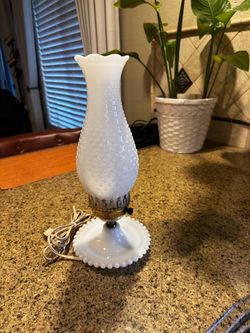 Vintage Milk Glass Hobnail Hurricane Electric Lamp Beaded Base Ruffled Top