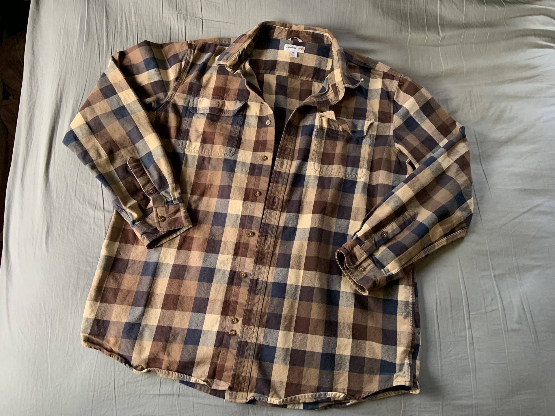 Carhartt Original Fit 2XL Tall Heavy Weight Thick Brown Blue Cream Plaid Flannel