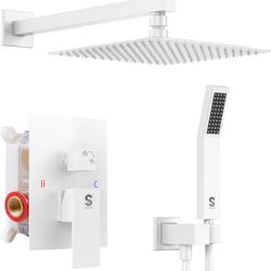 Brand New In The Box- SR SUN RISE White Square Rainfall Shower Head and Handle Set, Wall Mounted Shower Fixtures, Metal Shower Faucet Trim Repair Kits
