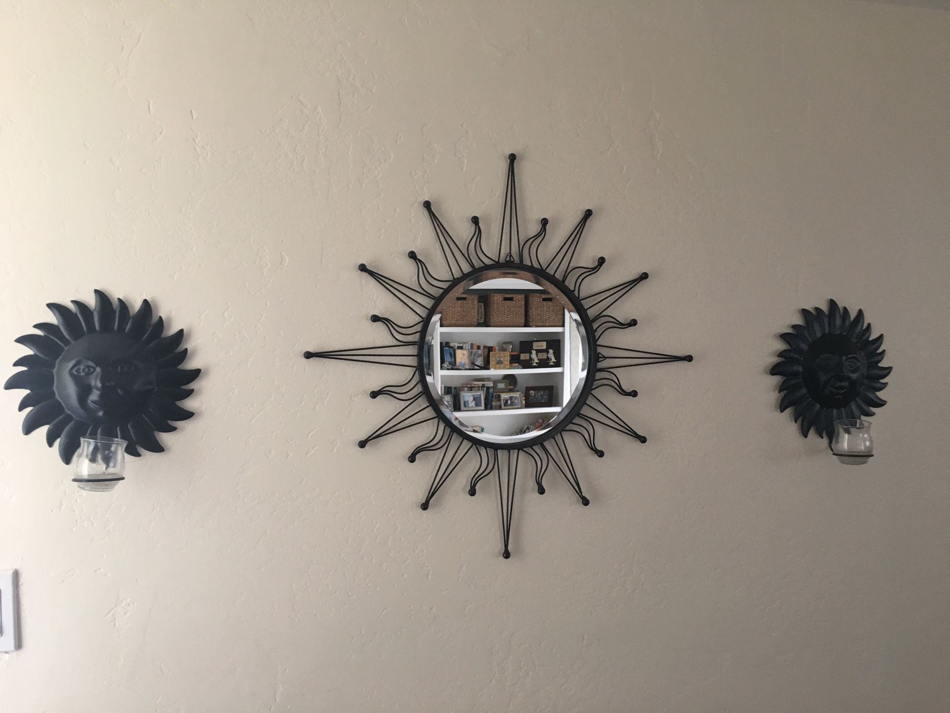 Sun wall decor - 2 sun sconces and 1 sun mirror