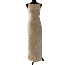 Womens 90s Nu Mode Champagne Crochet Knit Sleeveless Gown Maxi Dress size S