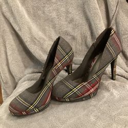 Fioni Grey and Red Plaid Fabric Stiletto Heels