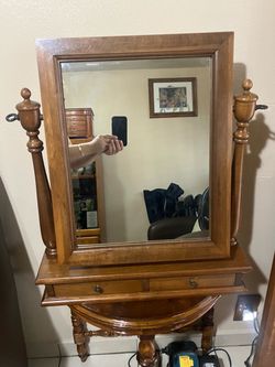 Vintage Wood Vanity Mirror with Drawer