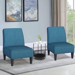 Accent Chairs Set of 2 Upholstered Living Room Chairs Armless Side Chairs Bedroom Chairs with Curved Backrest and Wooden Legs Blue