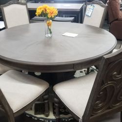 Highend antique gray 60" round table with 6 engraved chairs