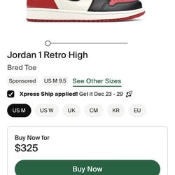 RETRO 1 BRED TOE SIZE 9.5 (2017)