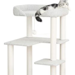 Modern Wooden Cat Tree (37") – Light Grey, Sturdy & Stylish